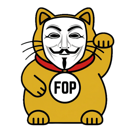 FOP — a Guy Fawkes maneki-neko wearing a red FOP collar